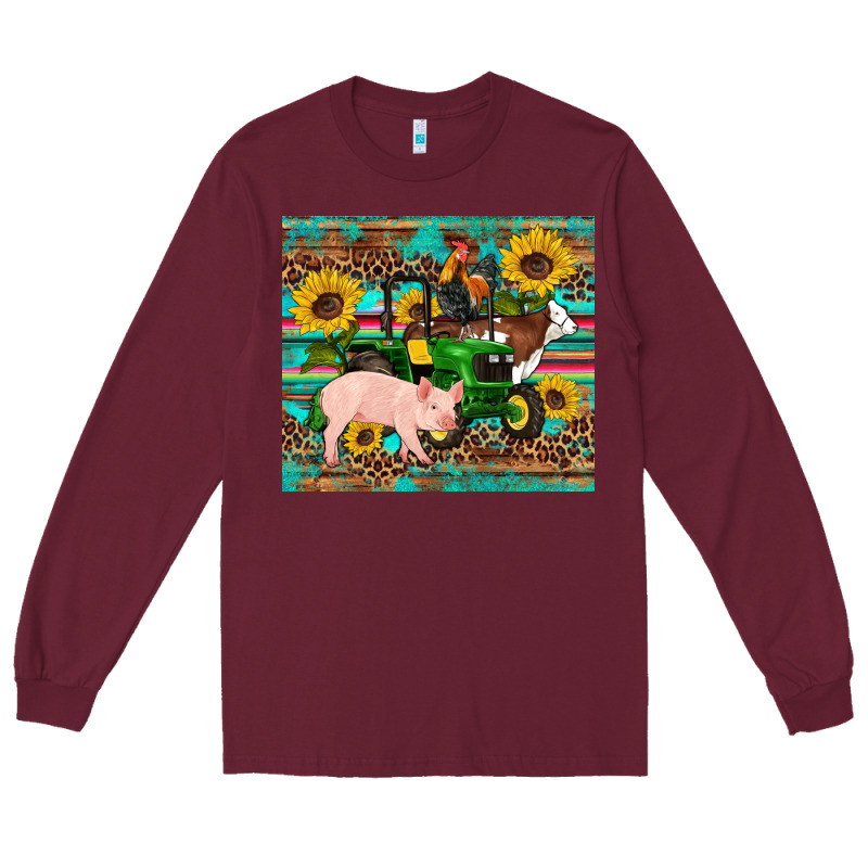Western Farm Tractor Pig Rooster Cow Sunflowers Long Sleeve Tee by Artiststas | Teevron