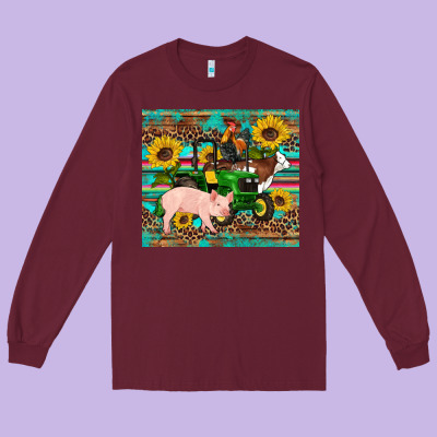 Western Farm Tractor Pig Rooster Cow Sunflowers Long Sleeve Tee Designed By Artiststas