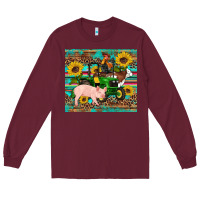 Burgundy western farm tractor pig rooster cow sunflowers Long Sleeve Tee - Artiststas