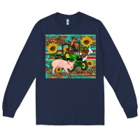 Navy western farm tractor pig rooster cow sunflowers Long Sleeve Tee - Artiststas
