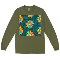 Army Green colorful tropical flowers seamless pattern Long Sleeve Tee - BundleAndBundleShop
