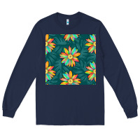Navy colorful tropical flowers seamless pattern Long Sleeve Tee - BundleAndBundleShop