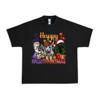 Black Happy Hallothanksmas Cats Urban Heavy Tee - BundleAndBundleShop