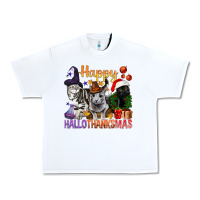 White Happy Hallothanksmas Cats Urban Heavy Tee - BundleAndBundleShop