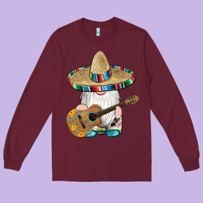 Mexican Gnomes Guitar Sombrero Serape Long Sleeve Tee Designed By Artiststas