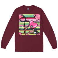 Burgundy Nurse Stethoscope Seamless Pattern Long Sleeve Tee - BundleAndBundleShop