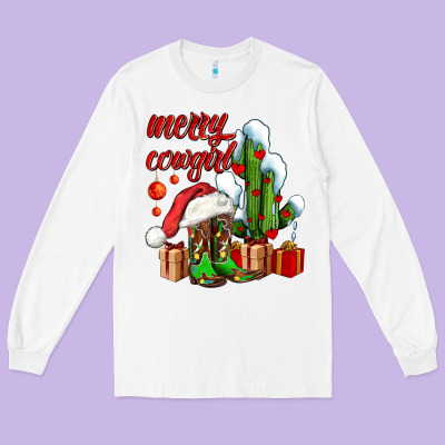 Merry Cowgirl  Boots And Cactus With Gifts Long Sleeve Tee Designed By Adodesignshop