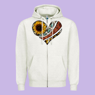 Western Sunflower Cowhide  Heart Zipper Hoodie Designed By Jasminsmagicworld