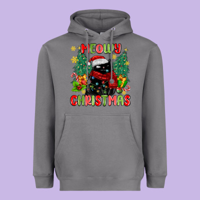 Meowy Christmas Black Cat Heavyweight Hoodie Designed By Maliassmallbusiness
