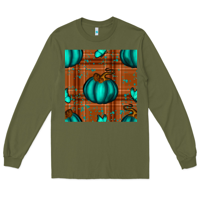 Turquoise Pumpkin Plaid Seamless Pattern Long Sleeve Tee by BundleAndBundleShop | Teevron