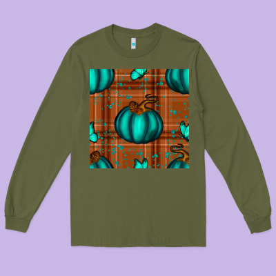Turquoise Pumpkin Plaid Seamless Pattern Long Sleeve Tee Designed By Bundleandbundleshop