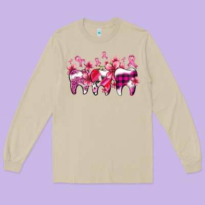 Cancer Ribbon With Teeth Long Sleeve Tee Designed By Adodesignshop