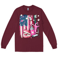 Burgundy American flag and dental elements with teeth Long Sleeve Tee - AdoDesignShop