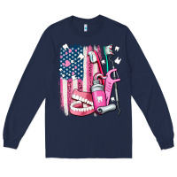 Navy American flag and dental elements with teeth Long Sleeve Tee - AdoDesignShop