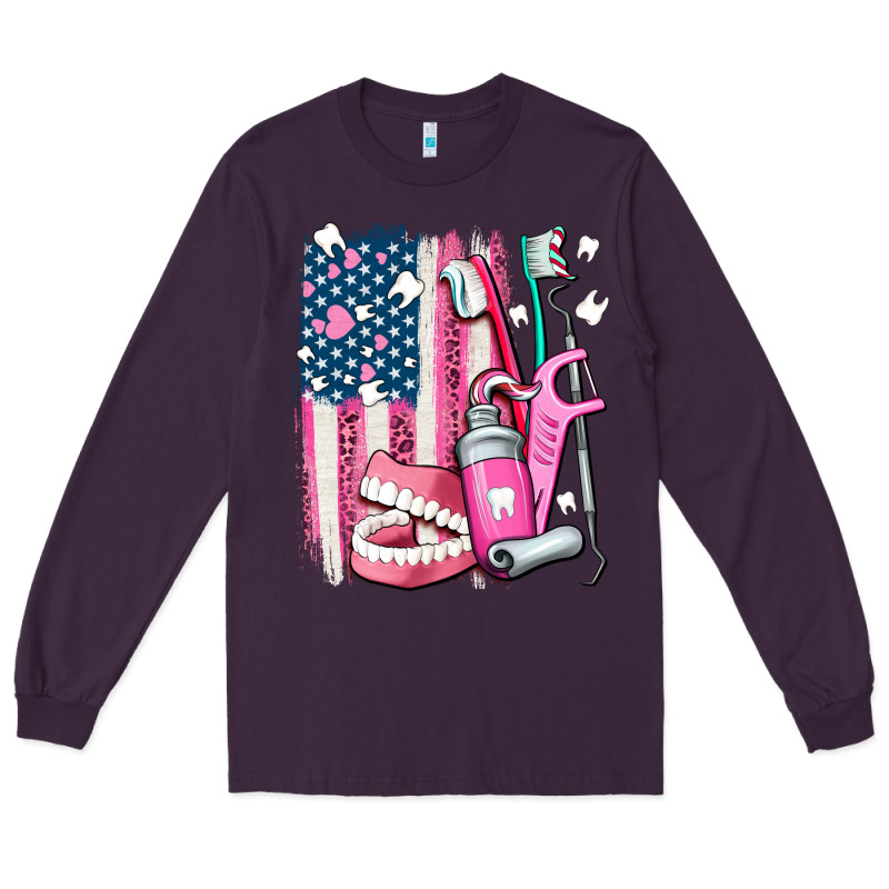 American Flag And Dental Elements With Teeth Long Sleeve Tee by AdoDesignShop | Teevron