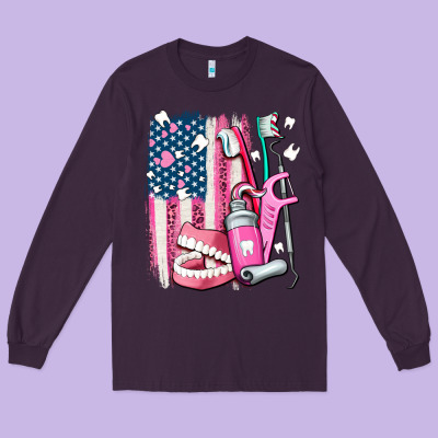American Flag And Dental Elements With Teeth Long Sleeve Tee Designed By Adodesignshop