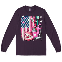 Plum American flag and dental elements with teeth Long Sleeve Tee - AdoDesignShop