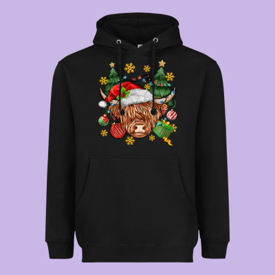 Christmas Highland Cow Heavyweight Hoodie Designed By Maliassmallbusiness