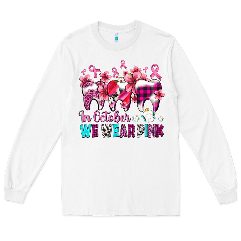 In October We Wear Pink Cancer Ribbon With Teeth Long Sleeve Tee by AdoDesignShop | Teevron