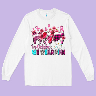 In October We Wear Pink Cancer Ribbon With Teeth Long Sleeve Tee Designed By Adodesignshop