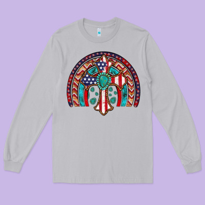 Gemstone Cross American Flag Turquoise Rainbow Long Sleeve Tee Designed By Artiststas
