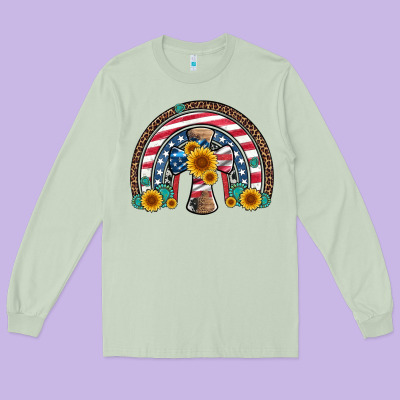 Cross American Flag Cowhide  Leopard Gemstone Rainbow Long Sleeve Tee Designed By Artiststas