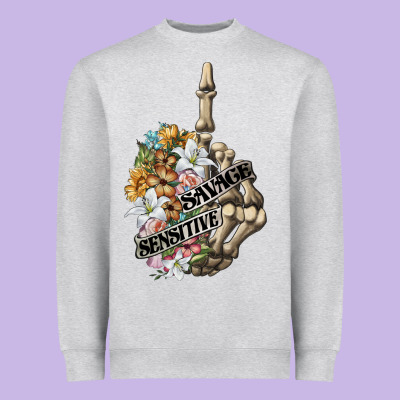 Sensitive Savage Skeleton Middle Finger Heavyweight Sweatshirt Designed By Fadigitalartstudio