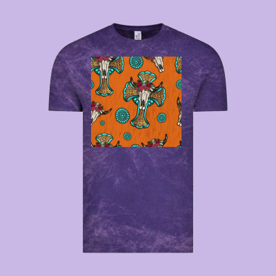 Western Cross And Bull Skull Seamless Pattern Vintage Tee Designed By Hra Design Shop