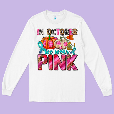 In October We Wear Pink With Pumpkins Long Sleeve Tee Designed By Adodesignshop