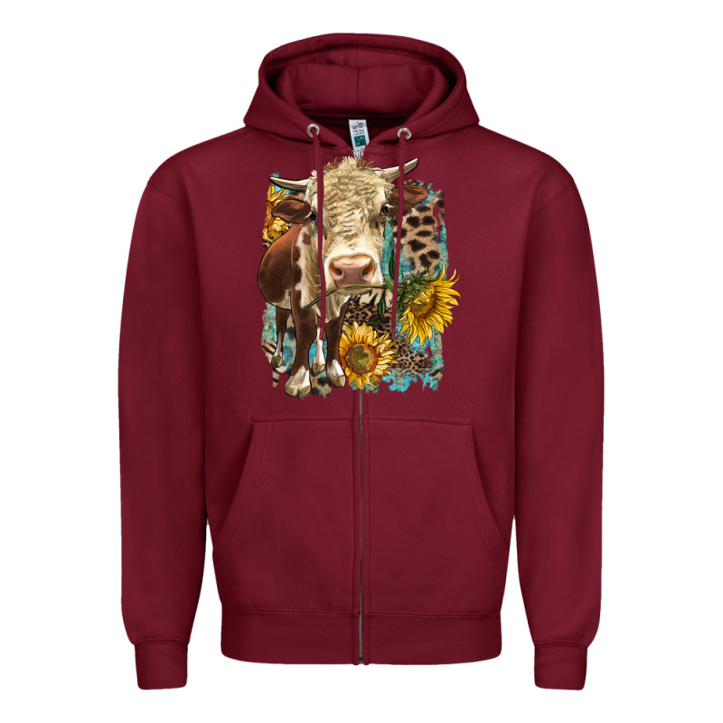 Hereford Heifer With Sunflower And Leopard Zipper Hoodie by LillyAllenDesigns | Teevron