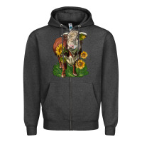 Charcoal Heather hereford bull with sunflowers Zipper Hoodie - LillyAllenDesigns