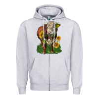 Heather Grey hereford bull with sunflowers Zipper Hoodie - LillyAllenDesigns