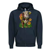 Navy hereford bull with sunflowers Zipper Hoodie - LillyAllenDesigns