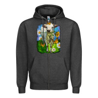 Charcoal Heather charolais heifer with sunflower and daisies Zipper Hoodie - LillyAllenDesigns