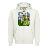 Oatmeal Heather charolais heifer with sunflower and daisies Zipper Hoodie - LillyAllenDesigns