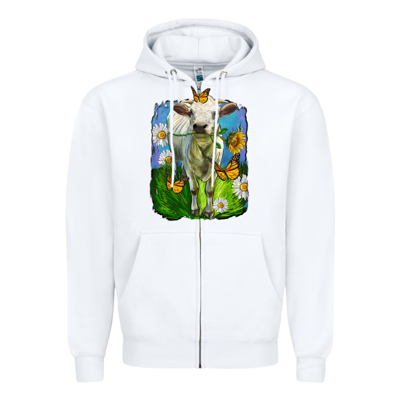 Charolais Heifer With Sunflower And Daisies Zipper Hoodie by LillyAllenDesigns | Teevron