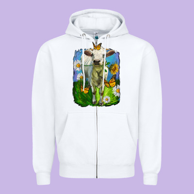 Charolais Heifer With Sunflower And Daisies Zipper Hoodie Designed By Lillyallendesigns