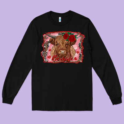 Be Mine Highland Cow Long Sleeve Tee Designed By Adodesignshop