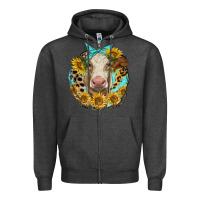 Charcoal Heather simmental heifer with sunflowers and leopard Zipper Hoodie - LillyAllenDesigns