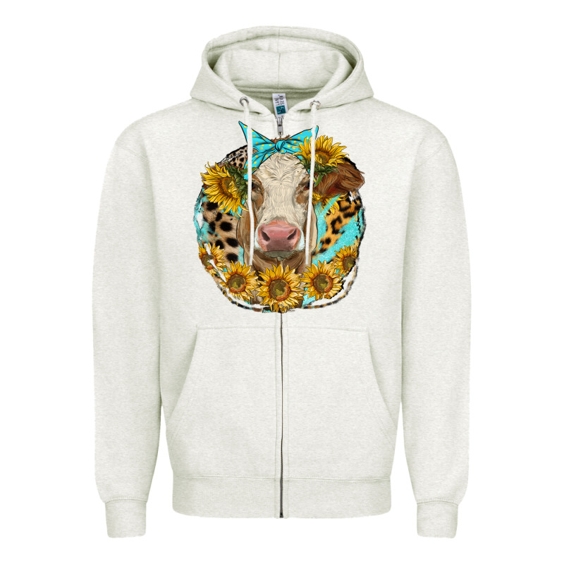 Simmental Heifer With Sunflowers And Leopard Zipper Hoodie by LillyAllenDesigns | Teevron