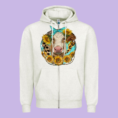 Simmental Heifer With Sunflowers And Leopard Zipper Hoodie Designed By Lillyallendesigns