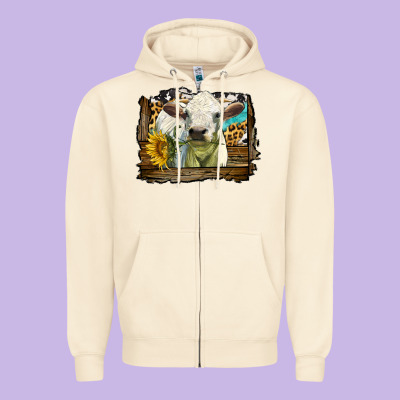 Charolais Heifer With Western Background Zipper Hoodie Designed By Lillyallendesigns