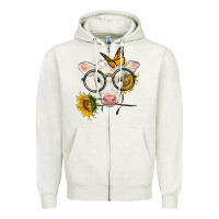 Oatmeal Heather charolais calf with sunflowers and butterfly Zipper Hoodie - LillyAllenDesigns