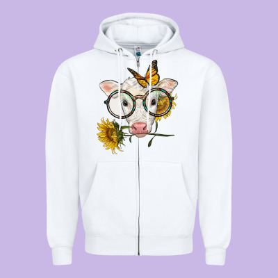 Charolais Calf With Sunflowers And Butterfly Zipper Hoodie Designed By Lillyallendesigns