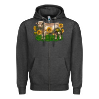 Charcoal Heather charolais bull with sunflowers Zipper Hoodie - LillyAllenDesigns