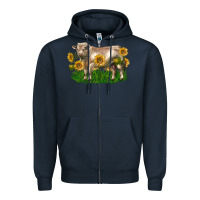 Navy charolais bull with sunflowers Zipper Hoodie - LillyAllenDesigns