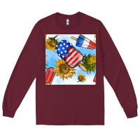 Burgundy 4th of july sunflowers ice cream seamless pattern Long Sleeve Tee - BundleAndBundleShop
