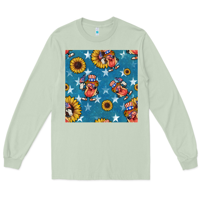 4th Of July Sunflowers Hotdog Seamless Pattern Long Sleeve Tee by BundleAndBundleShop | Teevron