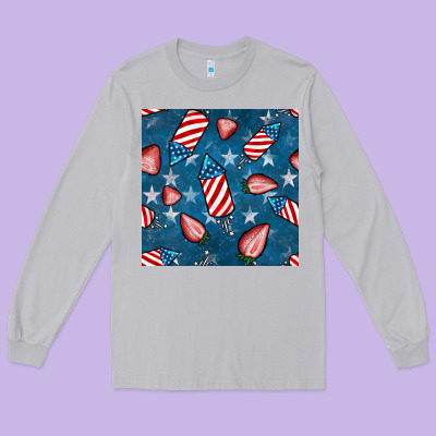 4th Uf July Strawberries Seamless Pattern Long Sleeve Tee Designed By Bundleandbundleshop