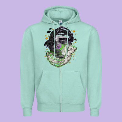 Magical Cats Ghost With Moon Halloween Zipper Hoodie Designed By Nancycooperartshop